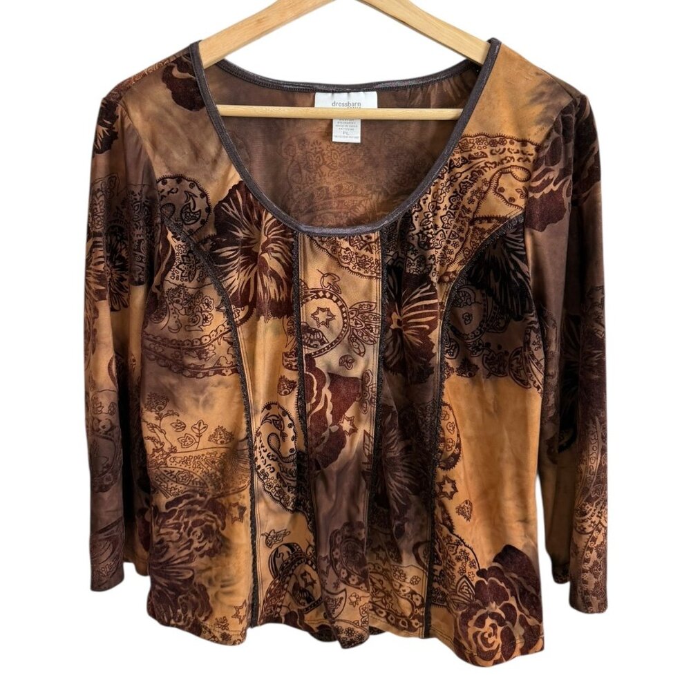 Dressbarn Petite Velvet Burnout Floral Top Brown Large Whimsygoth Fairy Grunge
